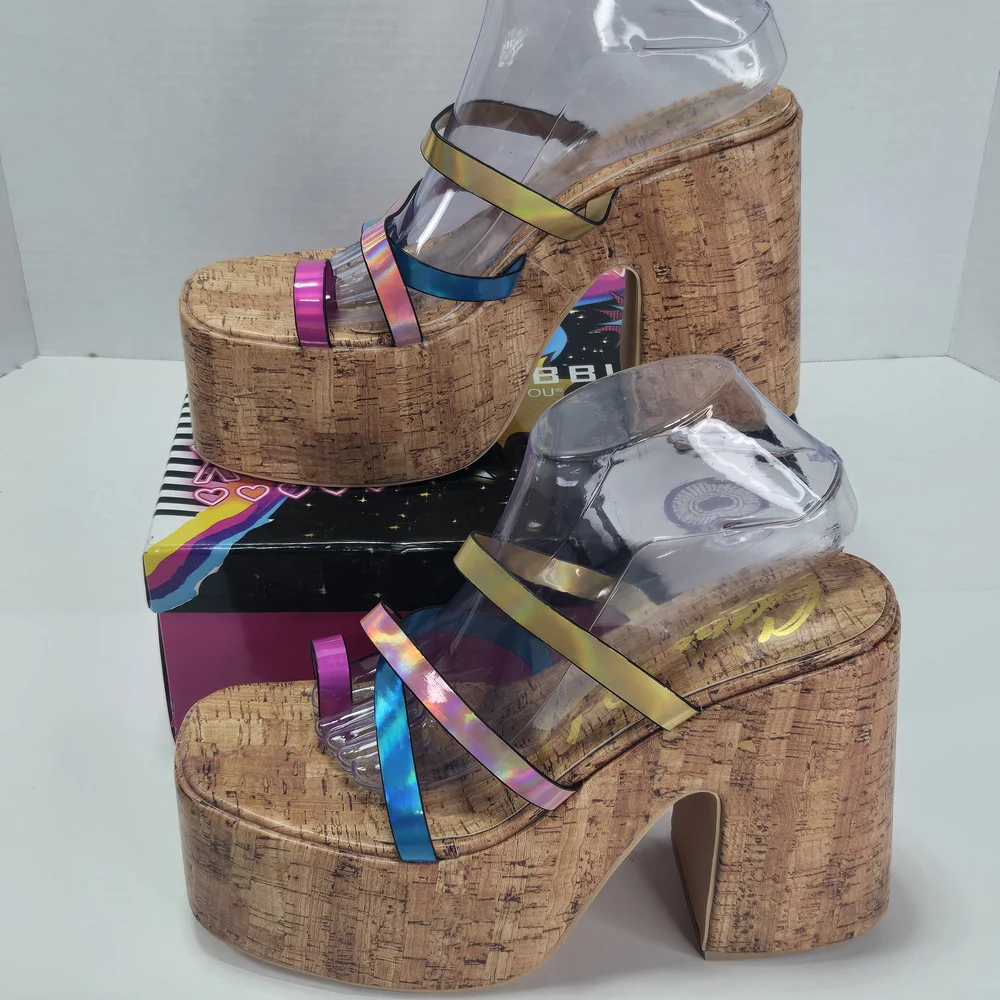 Cape Robbin Elci Platform Multi Iridescent Strappy Cork Heels Women's Size 10